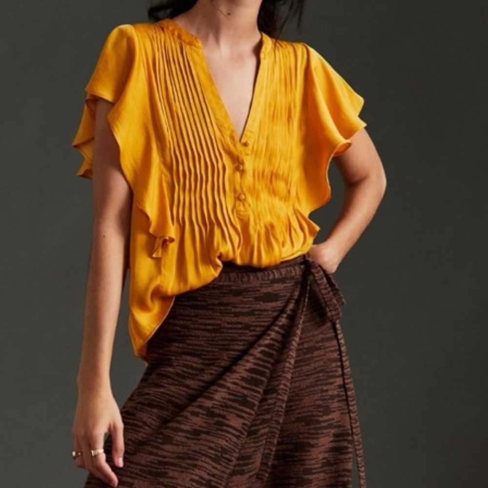 Anthropologie Golden Ruffle Sleeve Blouse; size L, new